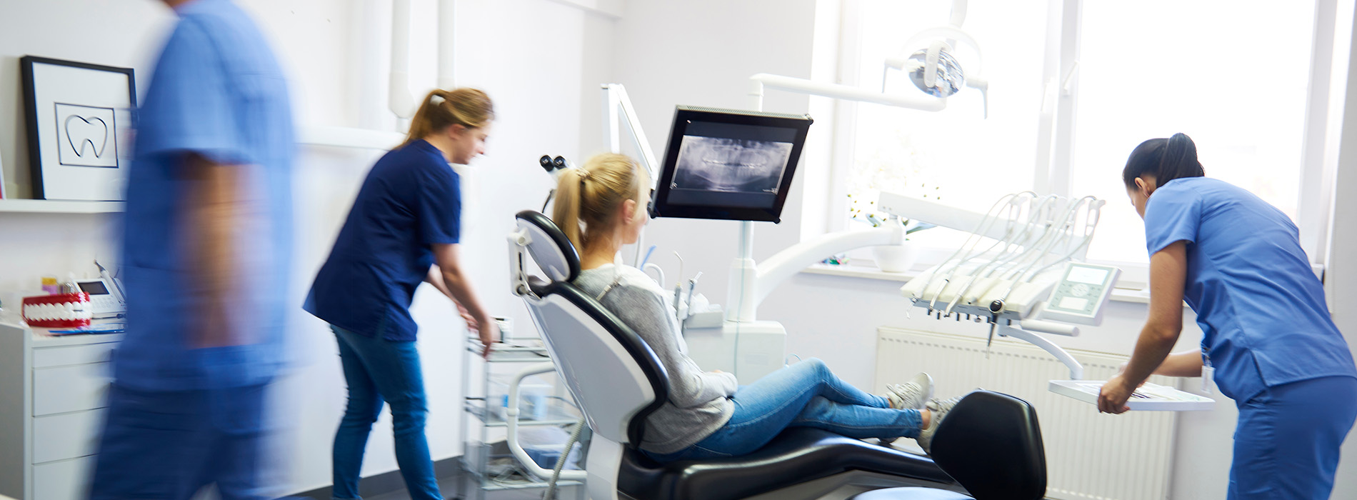 The image shows a sequence of four photographs depicting a dental office setting with a dentist and a patient, featuring a woman in blue scrubs interacting with the patient and equipment.