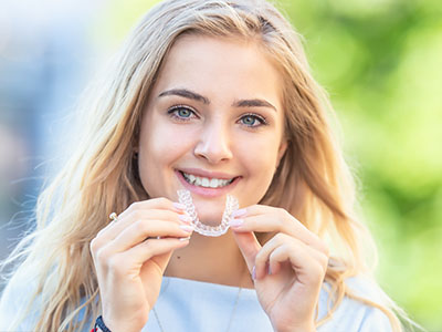 A smiling woman holding a dental retainer, showcasing her teeth with a confident expression.