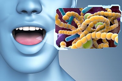 The image features a 3D rendering of a human figure with an open mouth, displaying a microscopic view of bacteria and viruses within the oral cavity.