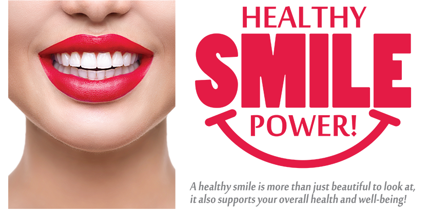 The image is a promotional graphic for a business called  Healthy Smile Power,  featuring a close-up of a woman s face with red lipstick and the text overlaying the image.