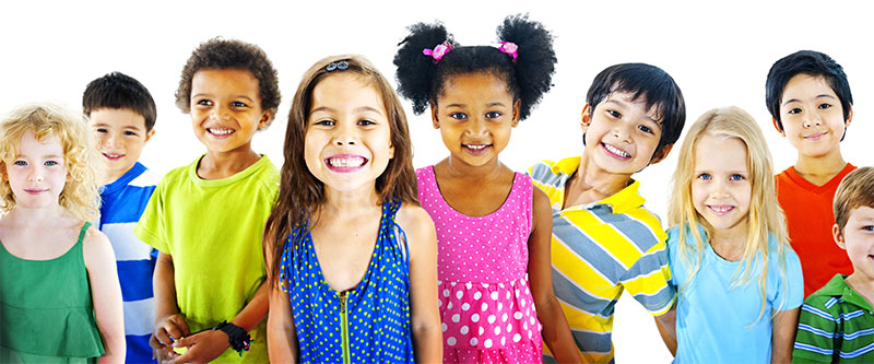 The image is a composite of multiple photos featuring a diverse group of children and young adults posing for the camera, with varying expressions and attire.