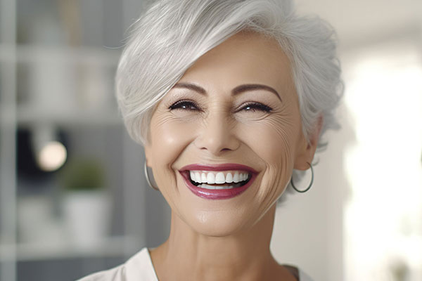 A smiling woman with short hair, wearing a white top and glasses, against a blurred kitchen background.